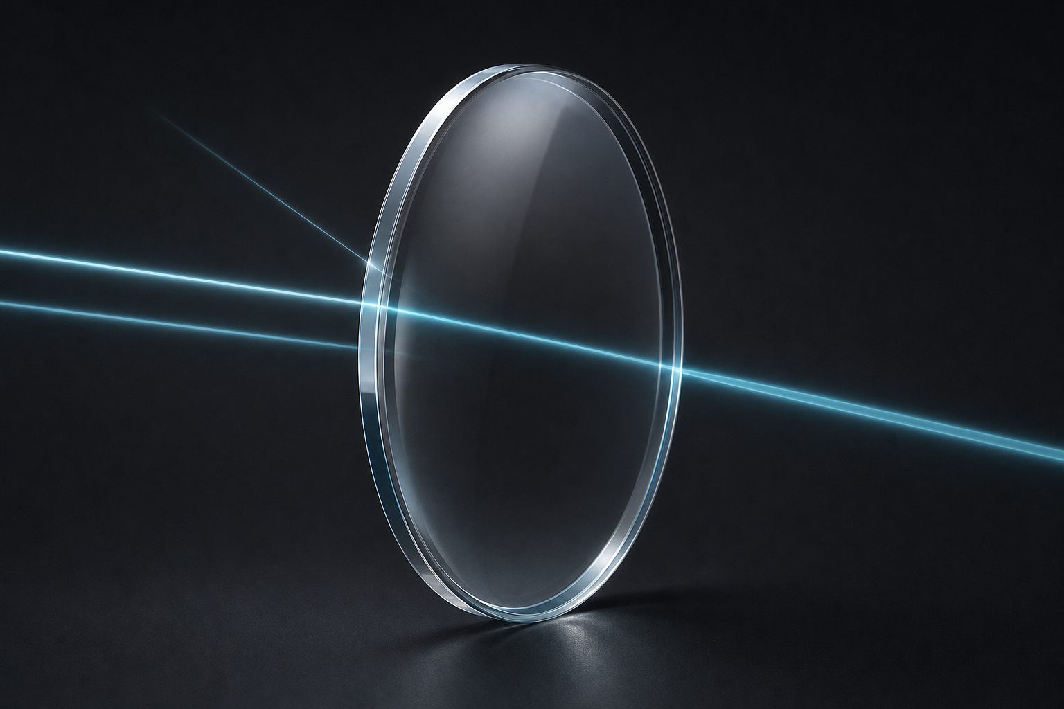 Close-up 3D illustration of light partly reflecting from and partly passing through a coated clear lens.