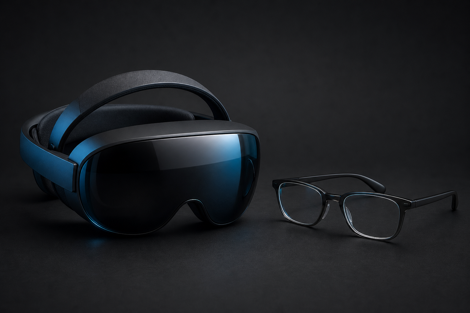 A larger spatial-computing headset beside a lightweight pair of glasses.