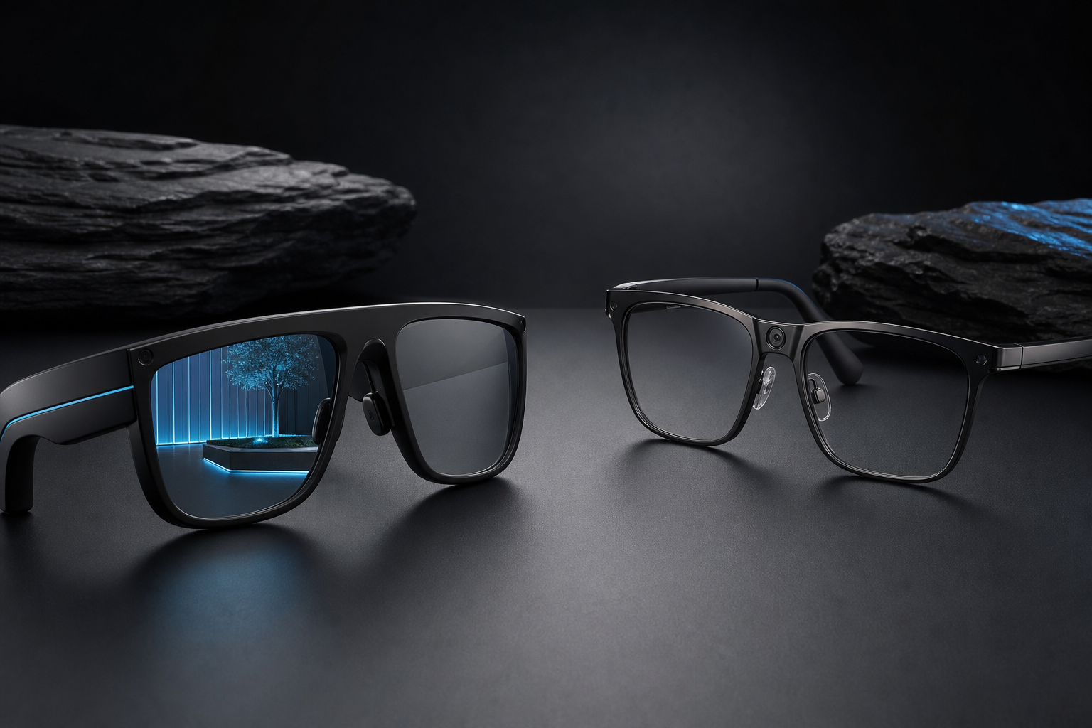 AR glasses show a subtle visual element in the wearer’s view, while camera-equipped smart glasses show no overlay.