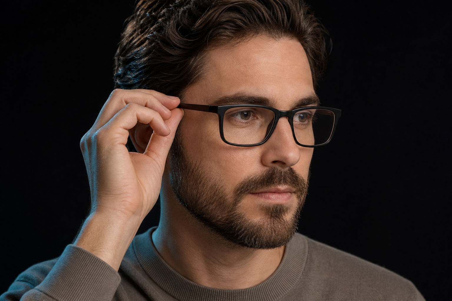 Close-up of a person wearing black glasses and gently checking the temple fit.