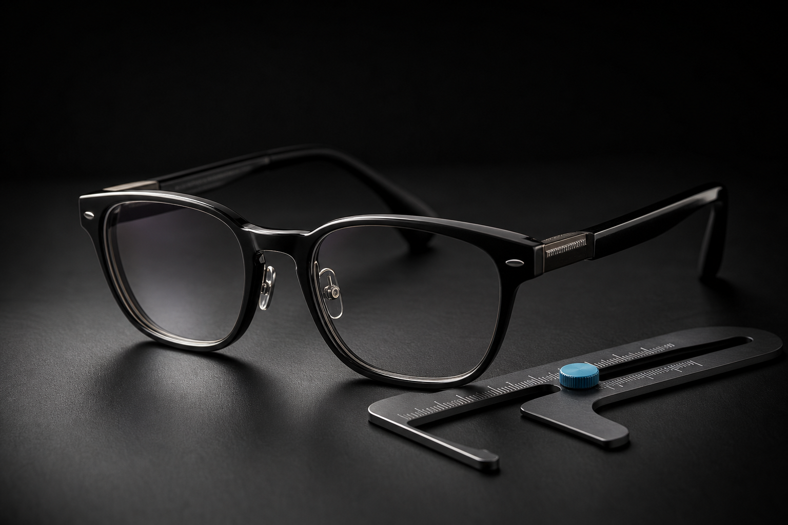 Eyeglasses beside a physical measuring gauge for comparing frame size.