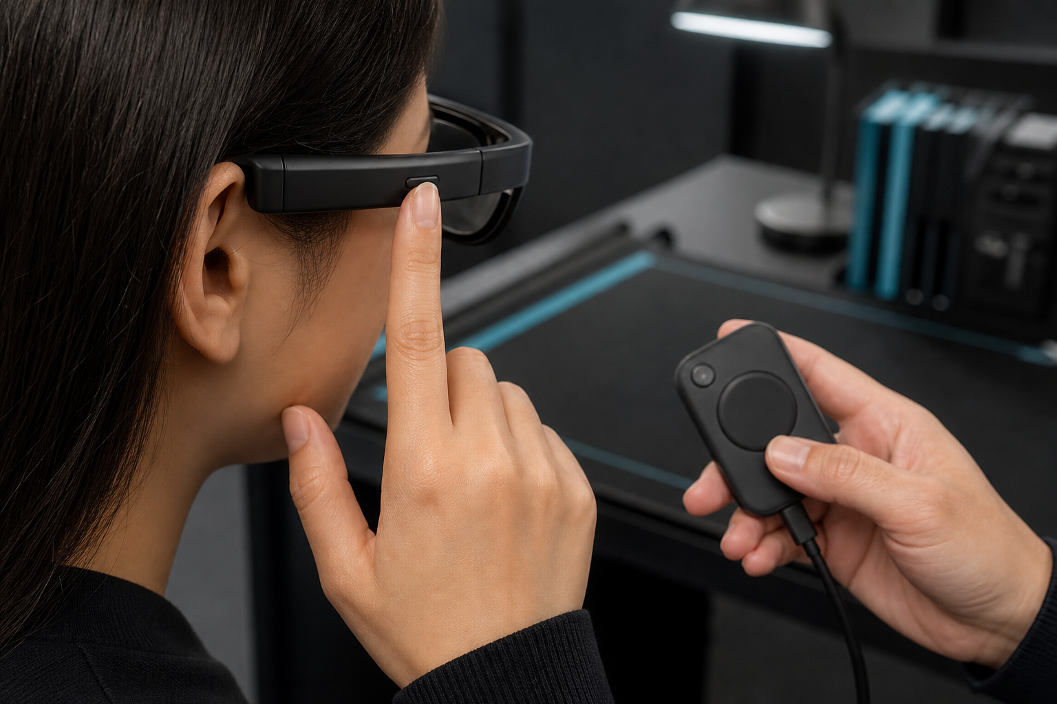 A person tests the temple control on smart glasses while someone nearby holds a device.