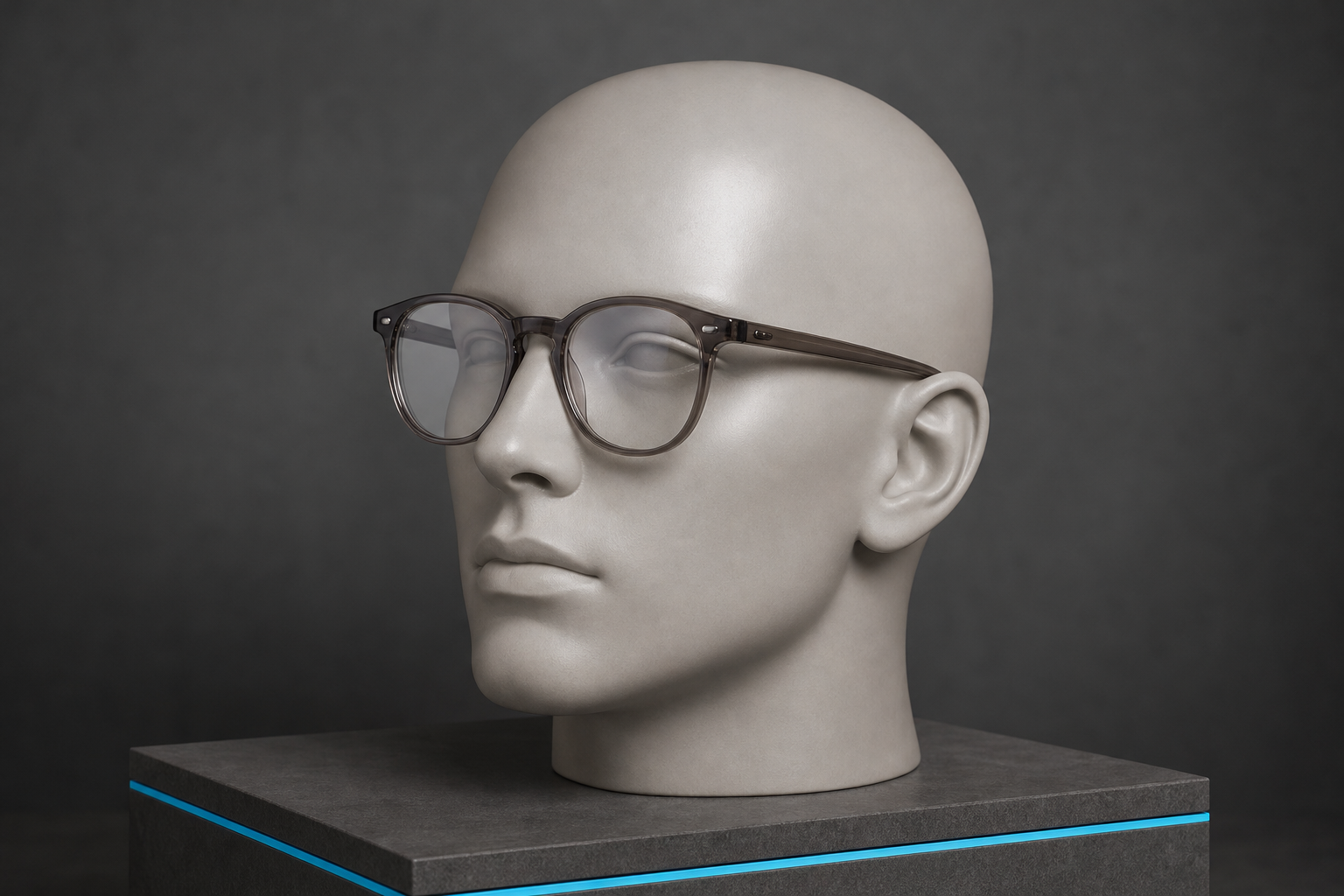 Optical glasses resting on a neutral head form, showing the bridge and temple fit.