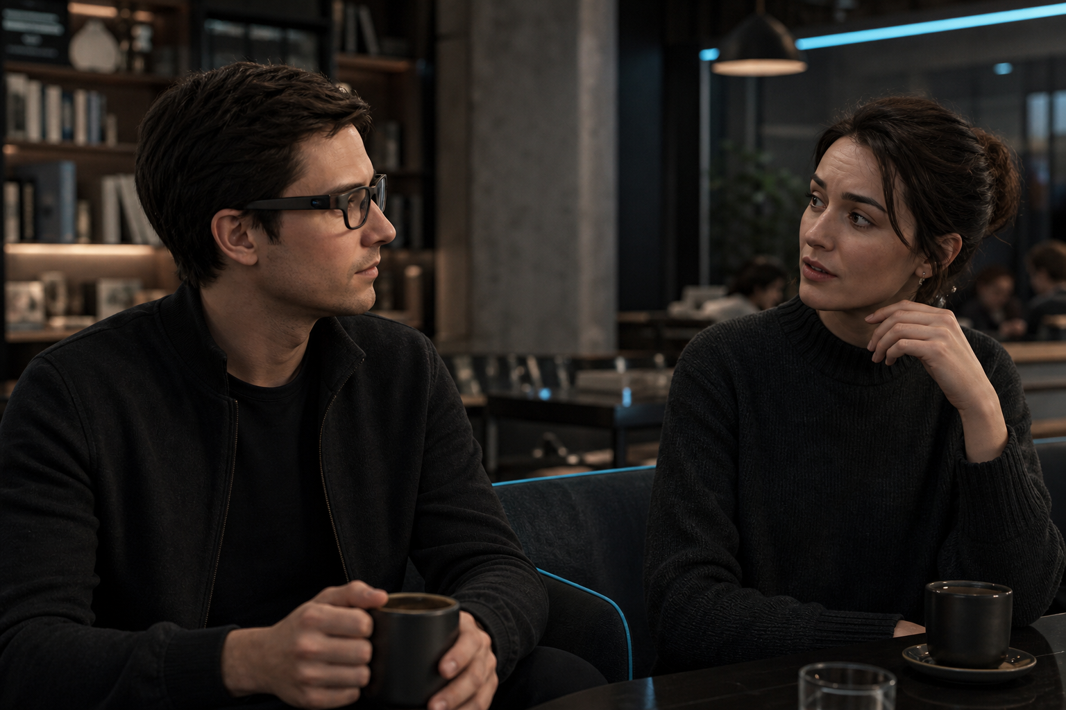 One person wearing camera-equipped glasses speaks with another person who has noticed them.