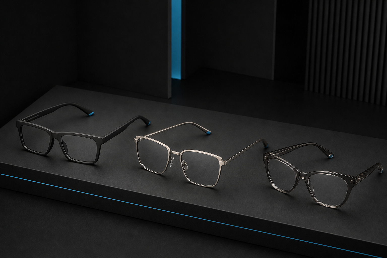 Rectangular, square, and subtly upswept eyeglass frames displayed side by side.