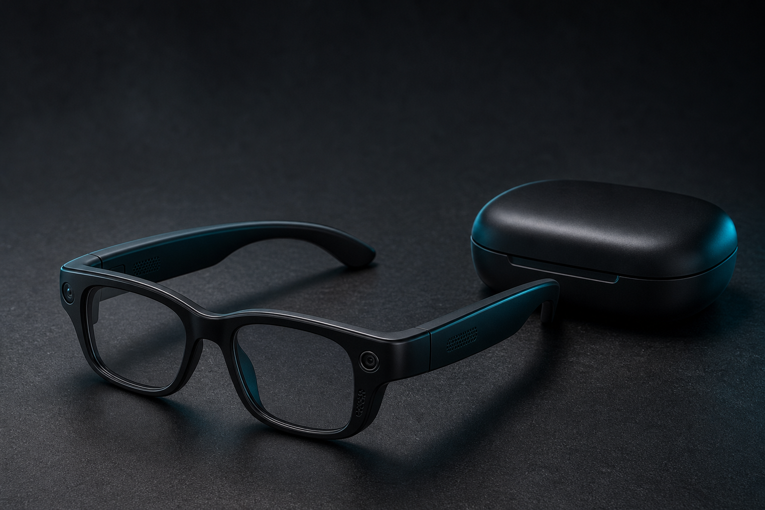 Conceptual smart glasses and charging case, with small camera and audio details visible.