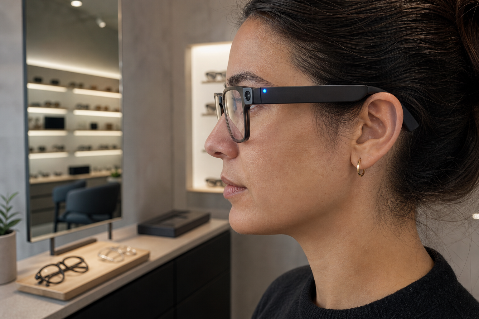 A person checks the fit of camera glasses with a small front indicator illuminated.