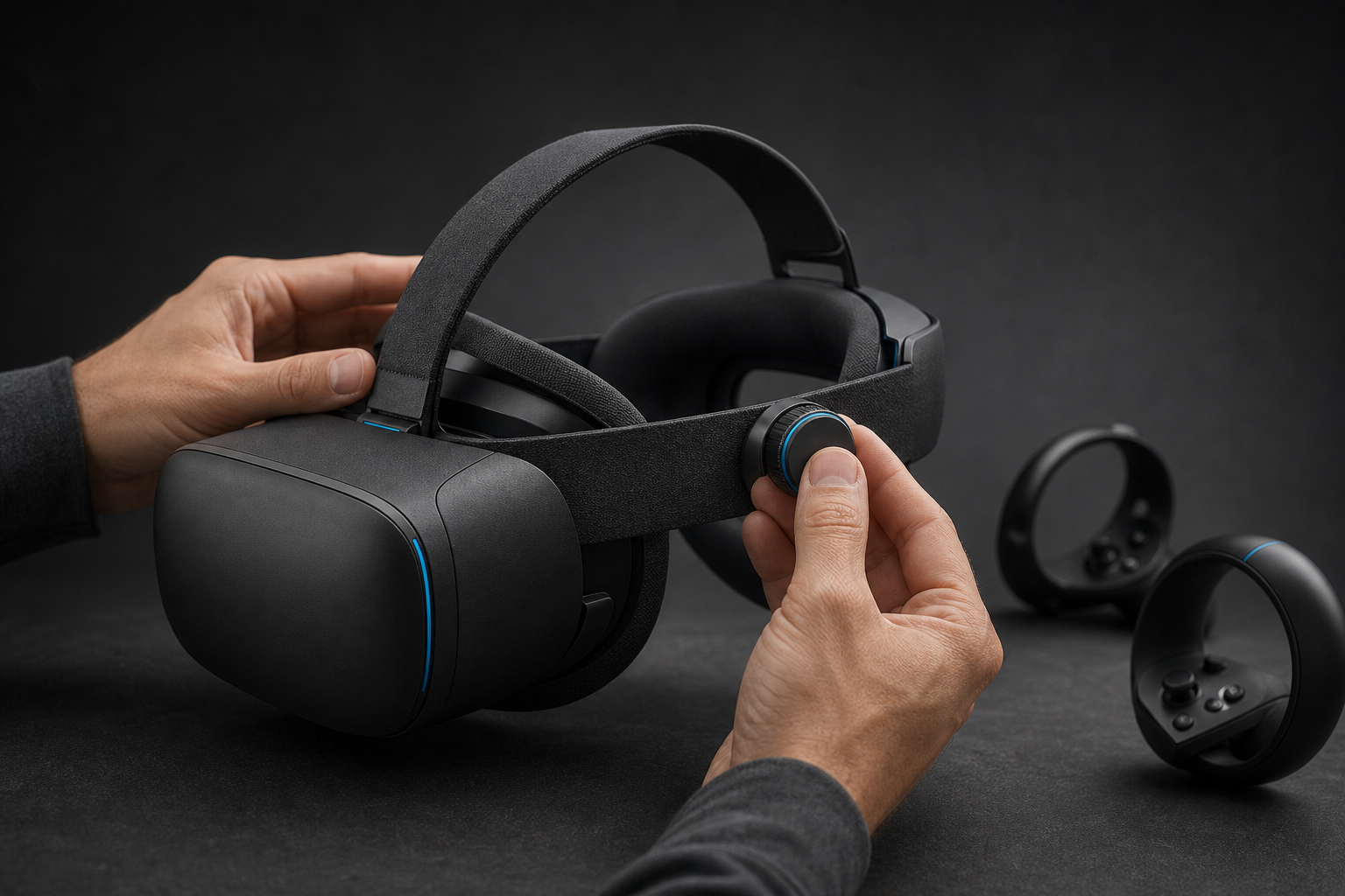 Hands adjusting the head strap of a VR headset with controllers nearby.
