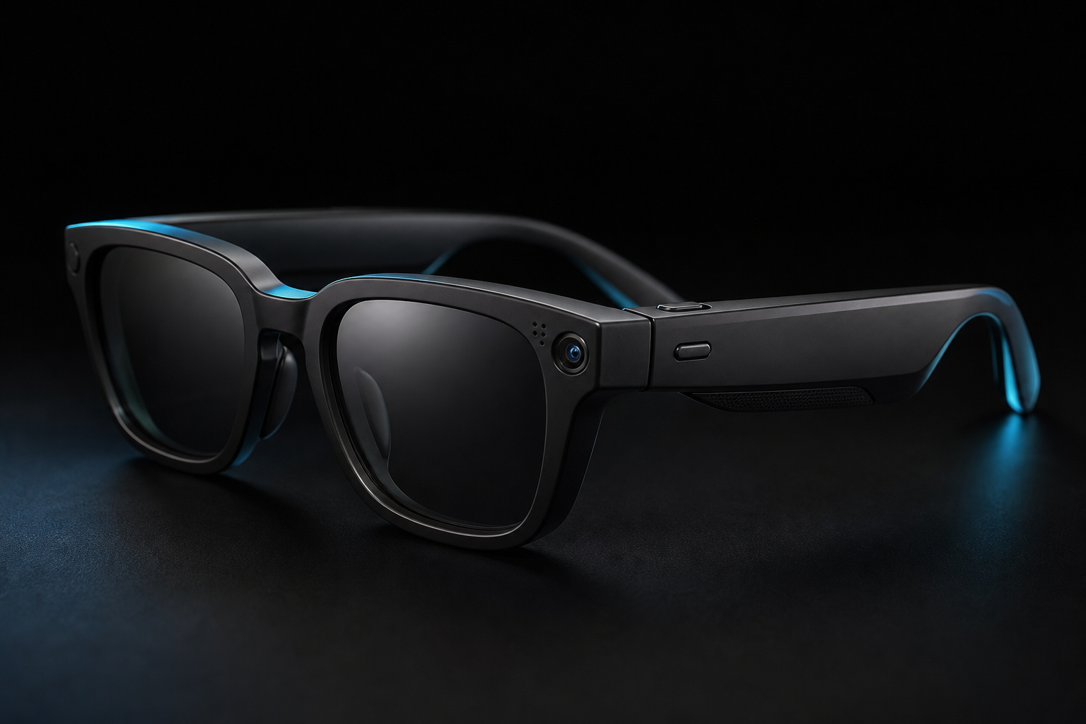 Dimensional view of smart glasses showing an integrated camera, microphone openings, speaker area, and frame control.